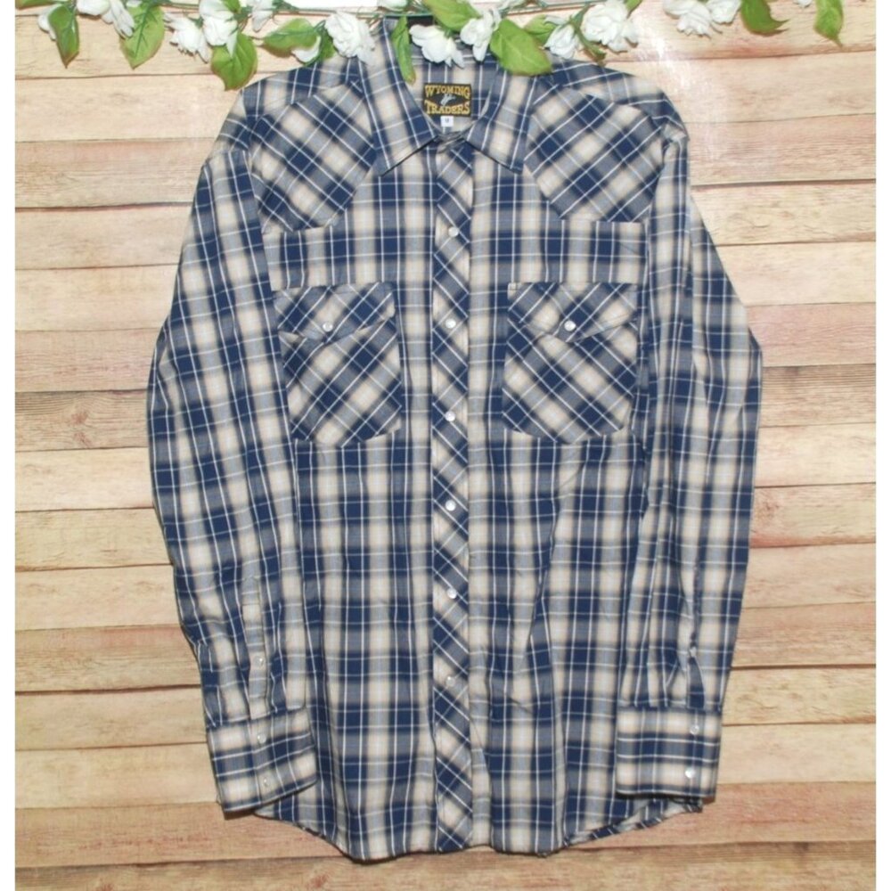 Wyoming Traders Men's Western Blue Plaid Shirt M Pearl Snap Button Up Pockets